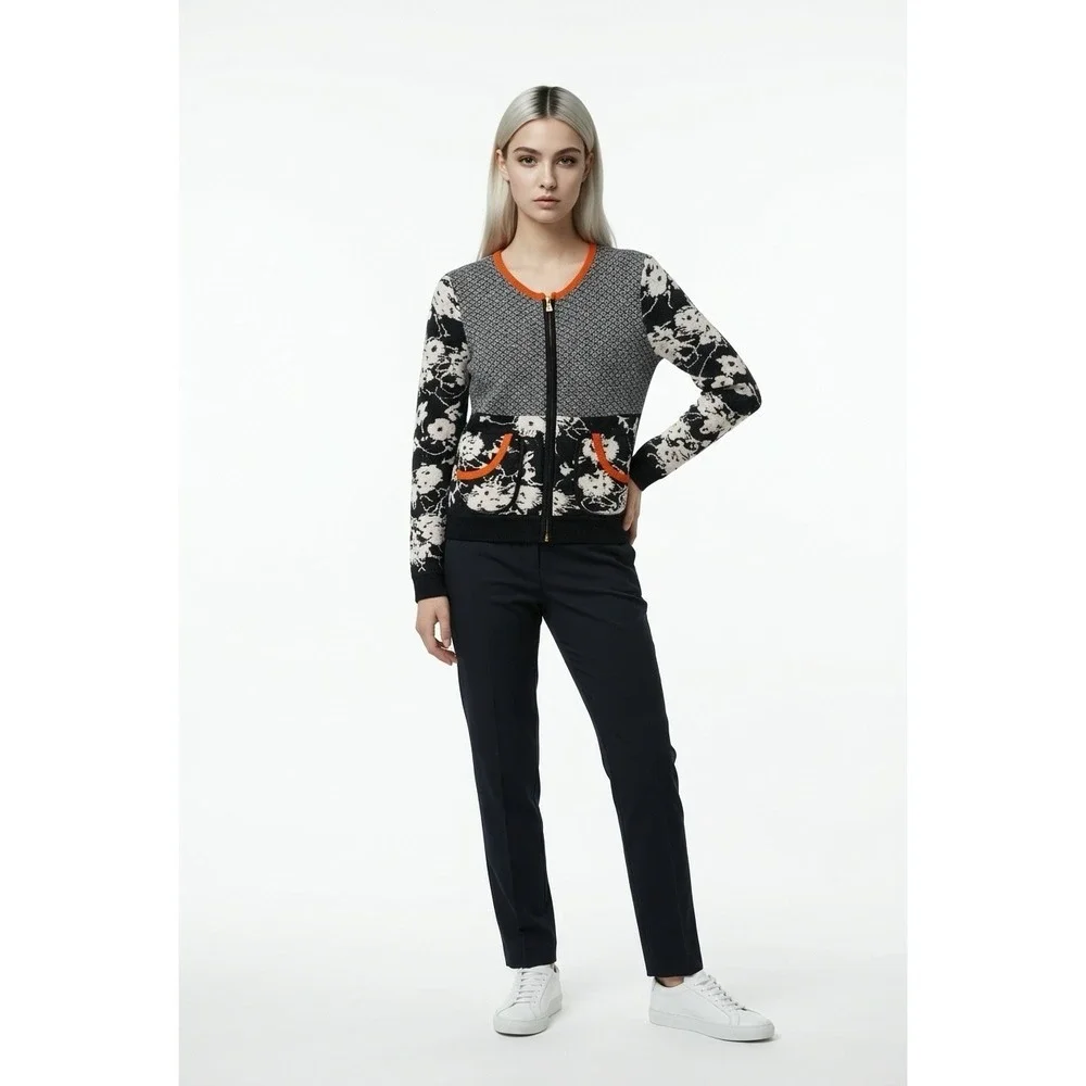Tory Burch Women Navy White Floral Geometric Zip Front Cotton Cardigan Sweater L